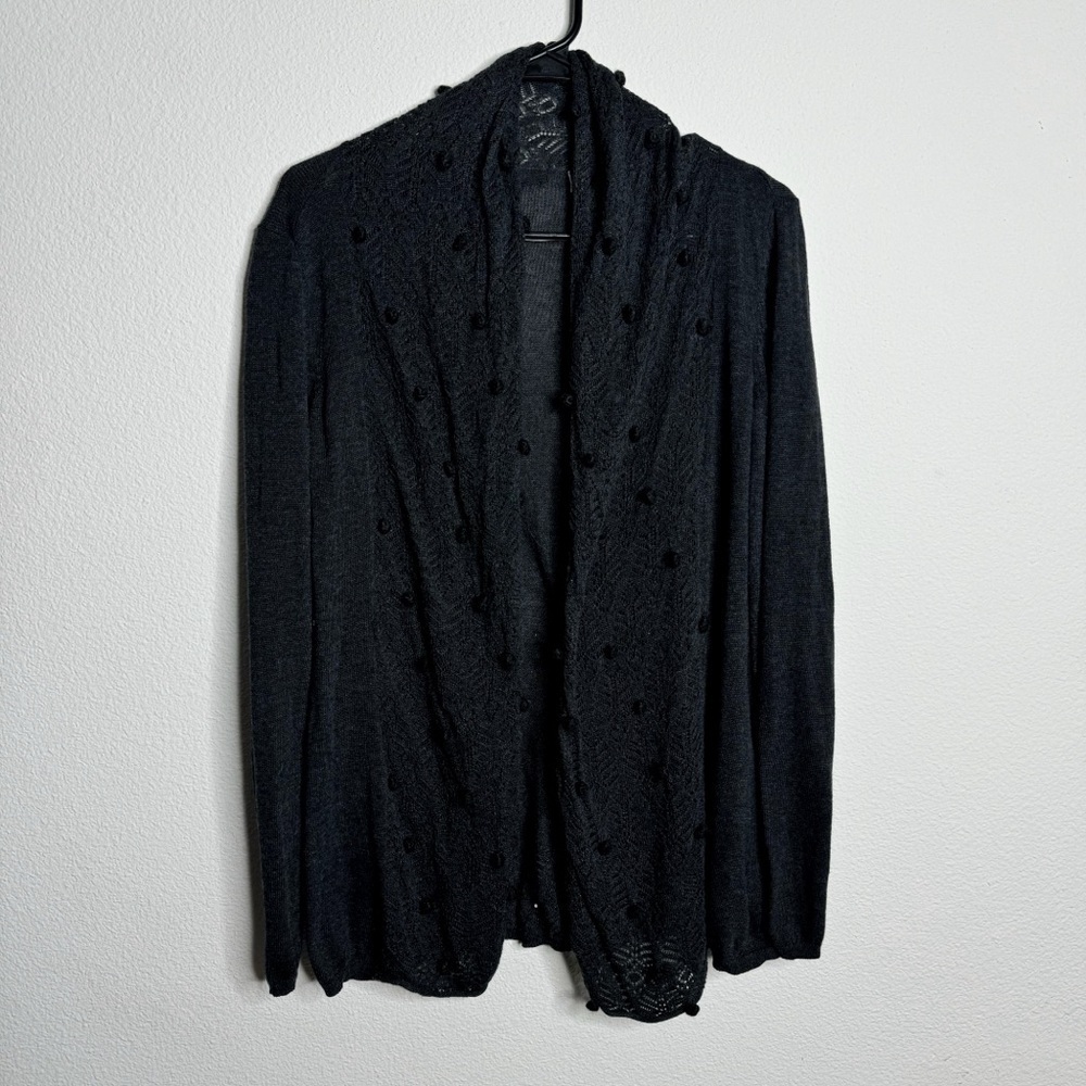Knitted & Knotted crochet pom pom long sleeve black cardigan medium petite